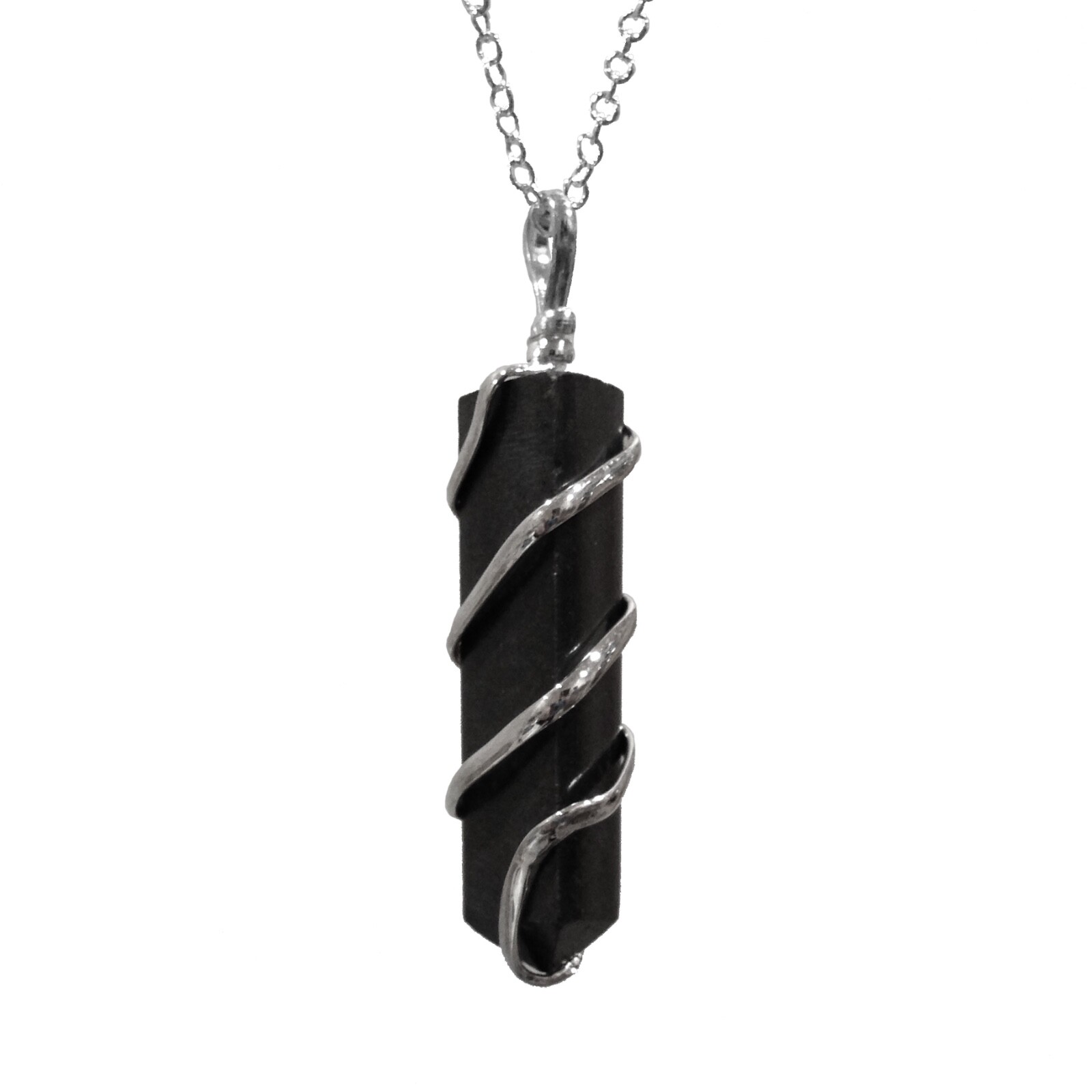 Black Tourmaline Spiral Wire Wrap Pendant Point Chakra Crystal Silver Necklace