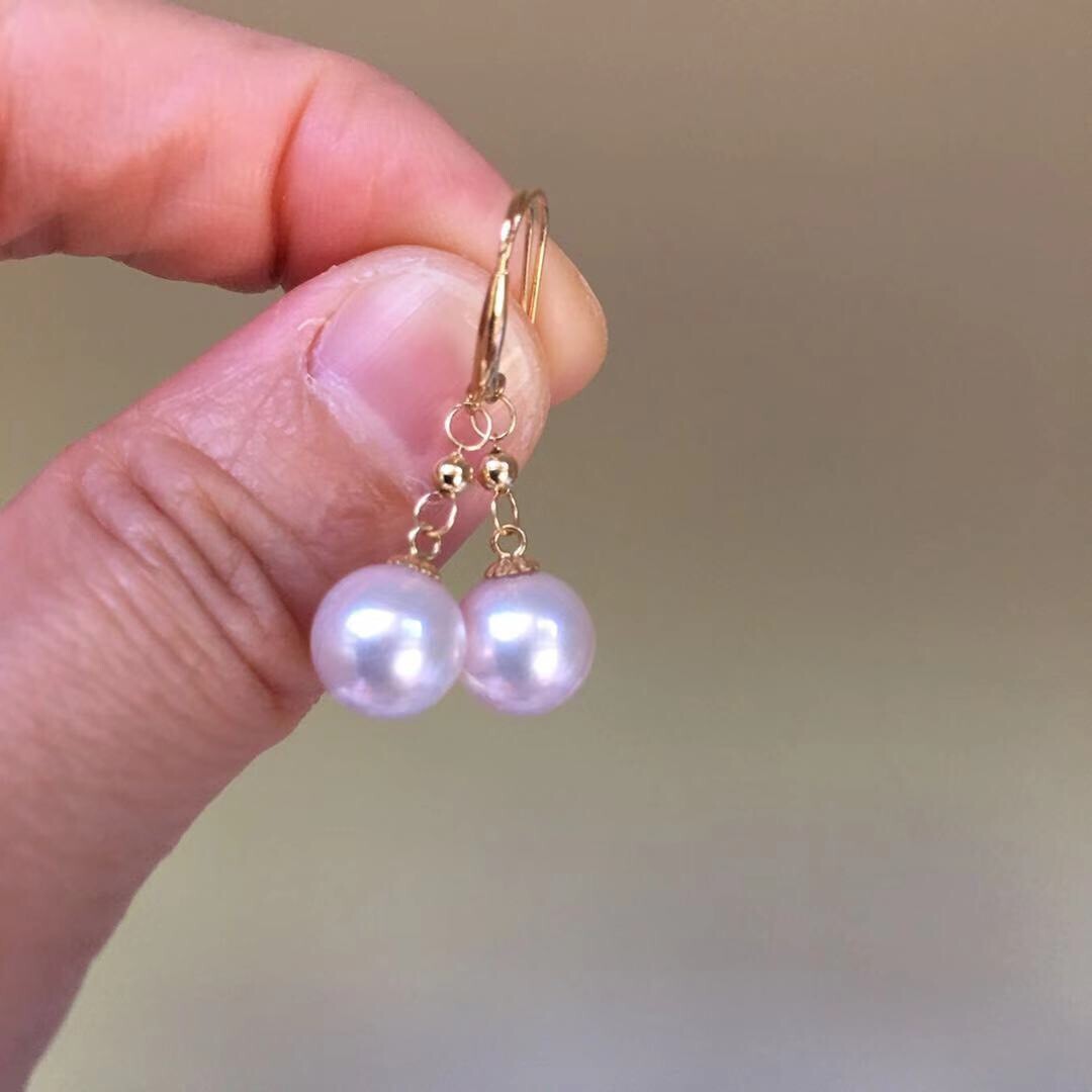 KG62 8.5mm Lovely Japanese Seawater Akoya Fairy Pearl Earring 18K Gold 31mm
