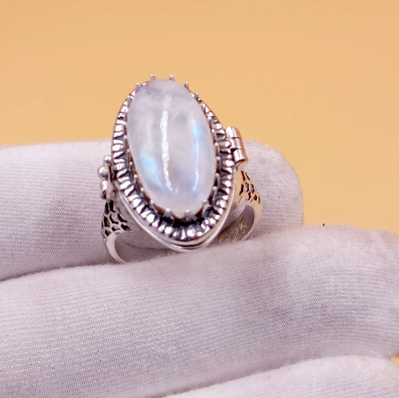 Handmade Natural Moonstone Poison Ring in 925 Sterling Silver Box Ring Design