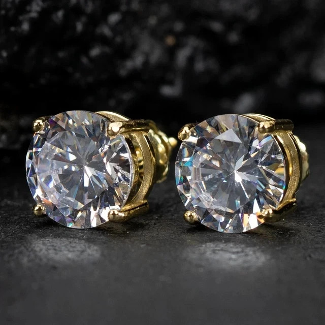 2ct Round Real Moissanite Wedding Stud Earrings For Man 14k Yellow Gold Plated