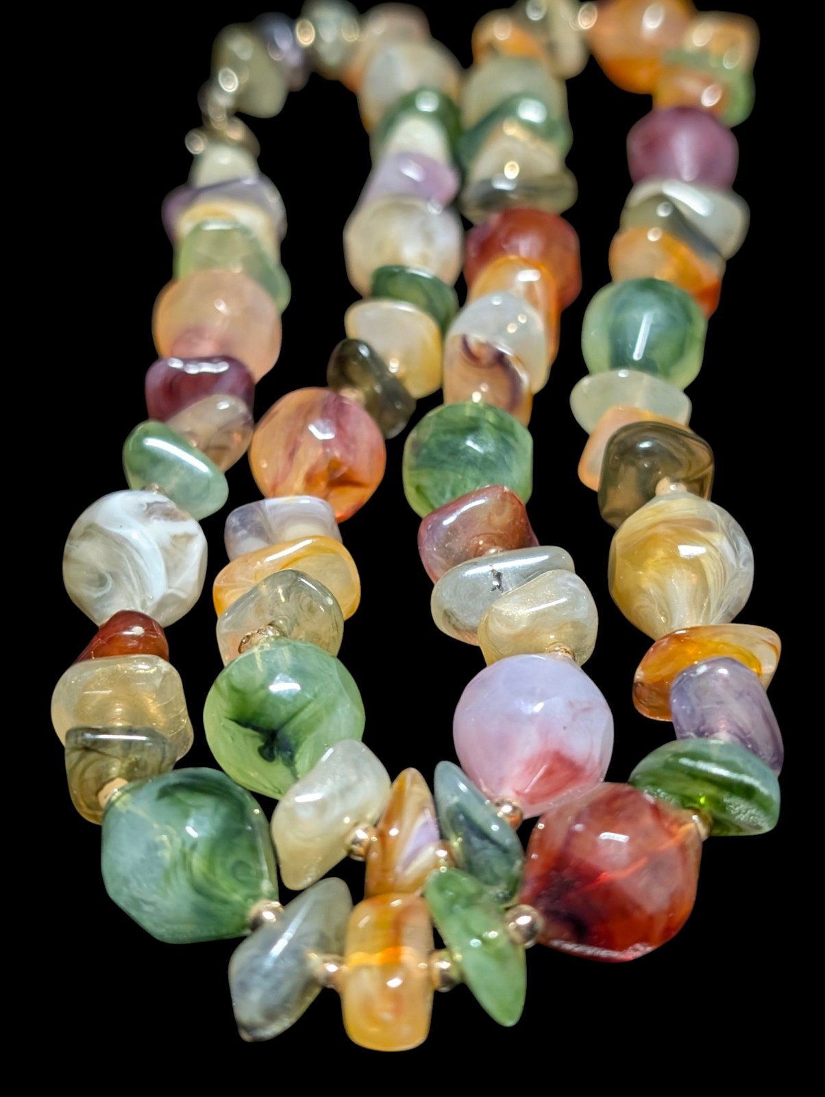 Vintage Retro Lucite Resin Freeform Nugget Bead Necklace Multi Color Agate Look