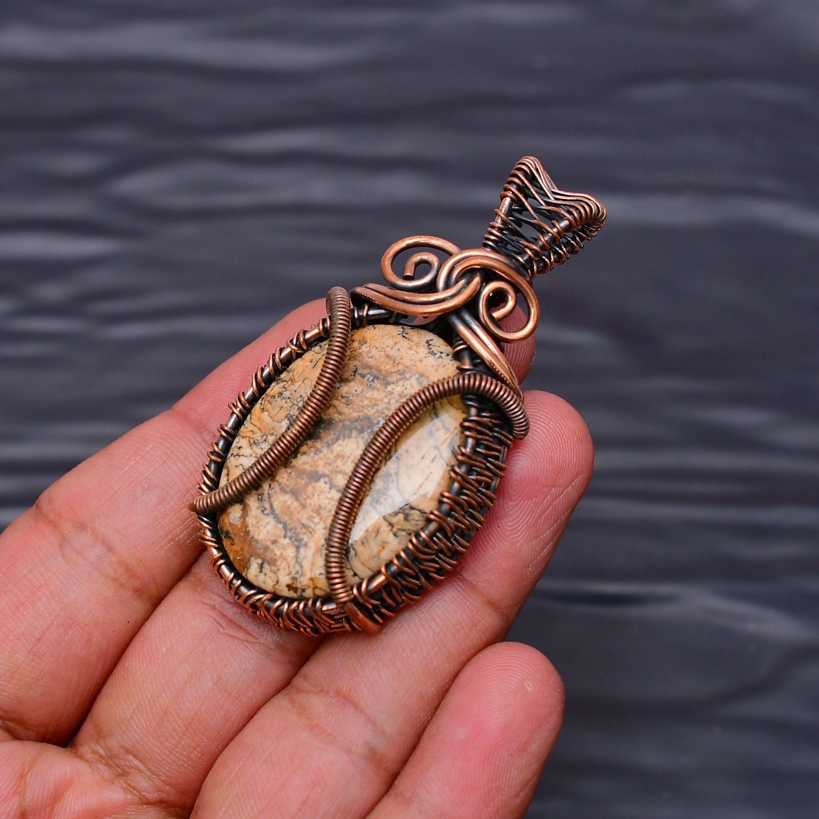 Picture Jasper Gemstone copper wire wrapped Handmade pendant Jewelry 2.16″