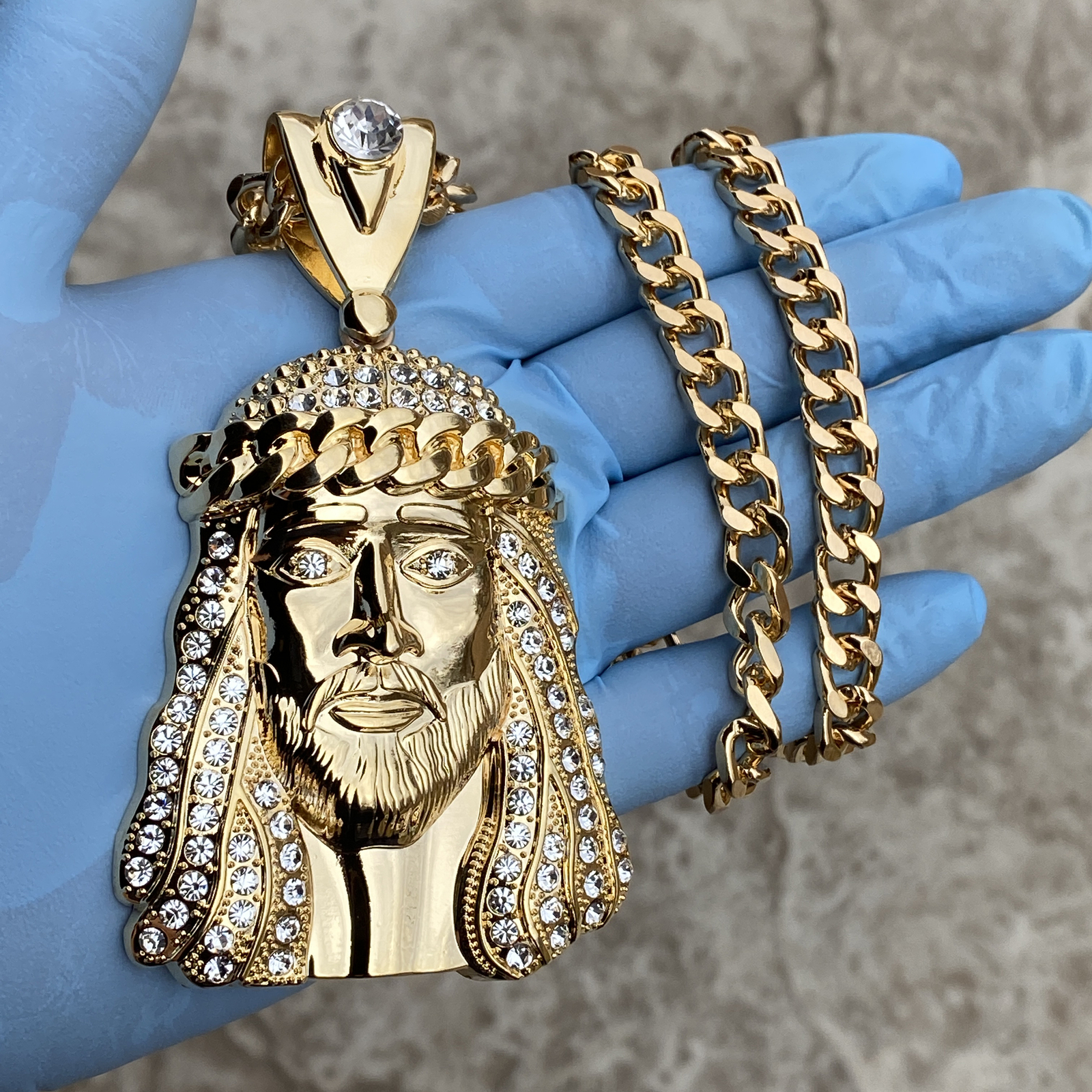 18K Gold Plated Huge Jesus Head Pendant CZ Necklace Hip Hop Cuban Link Chain 30″