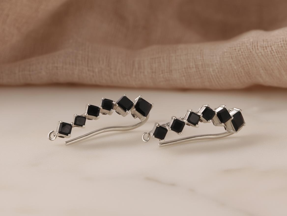 Rhodium Plated Brass Earrings: Long Silver-Colored Stone Cluster