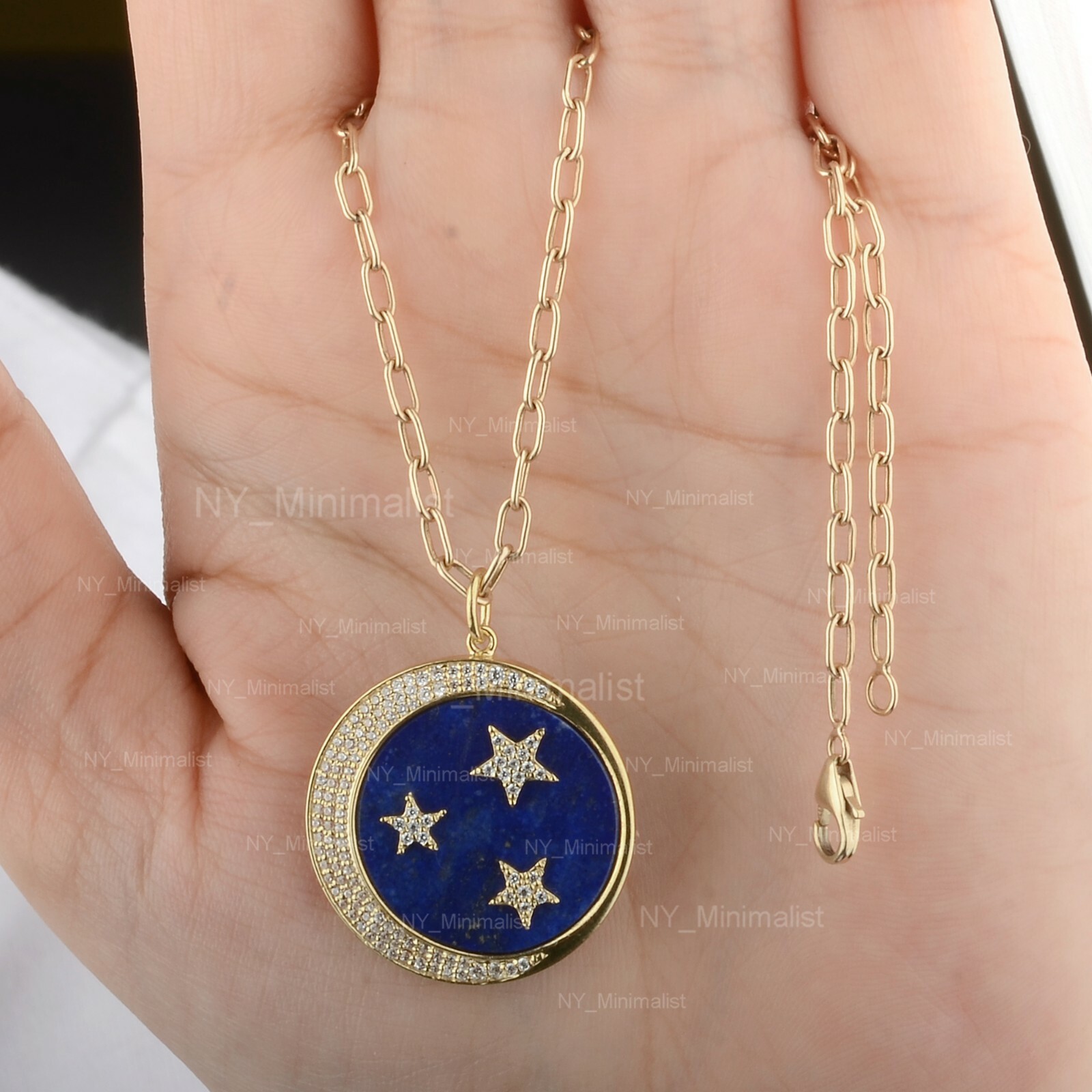 Lapis Lazuli Gemstone Crescent Moon & Star Disc Pendant Necklace 14K Yellow Gold