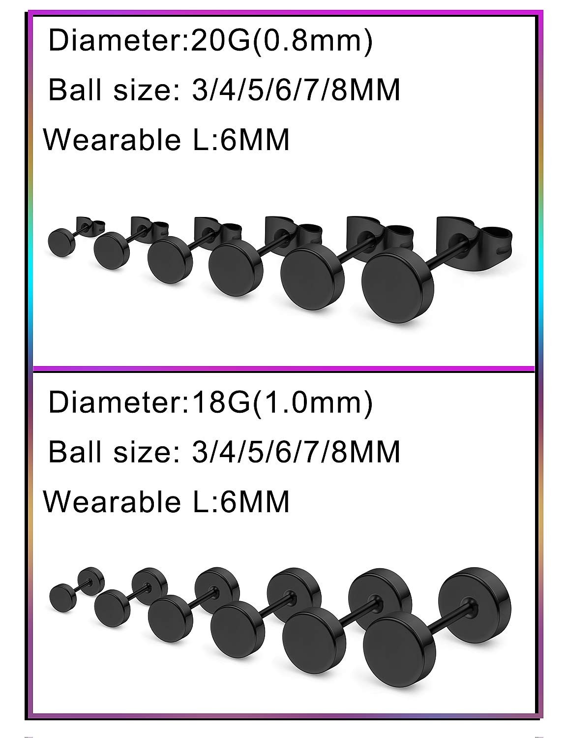 Prjndjw 12 Pairs 20G 18G Surgical Steel 3mm, 4mm, 5mm, 6mm, 7mm, 8mm, Black