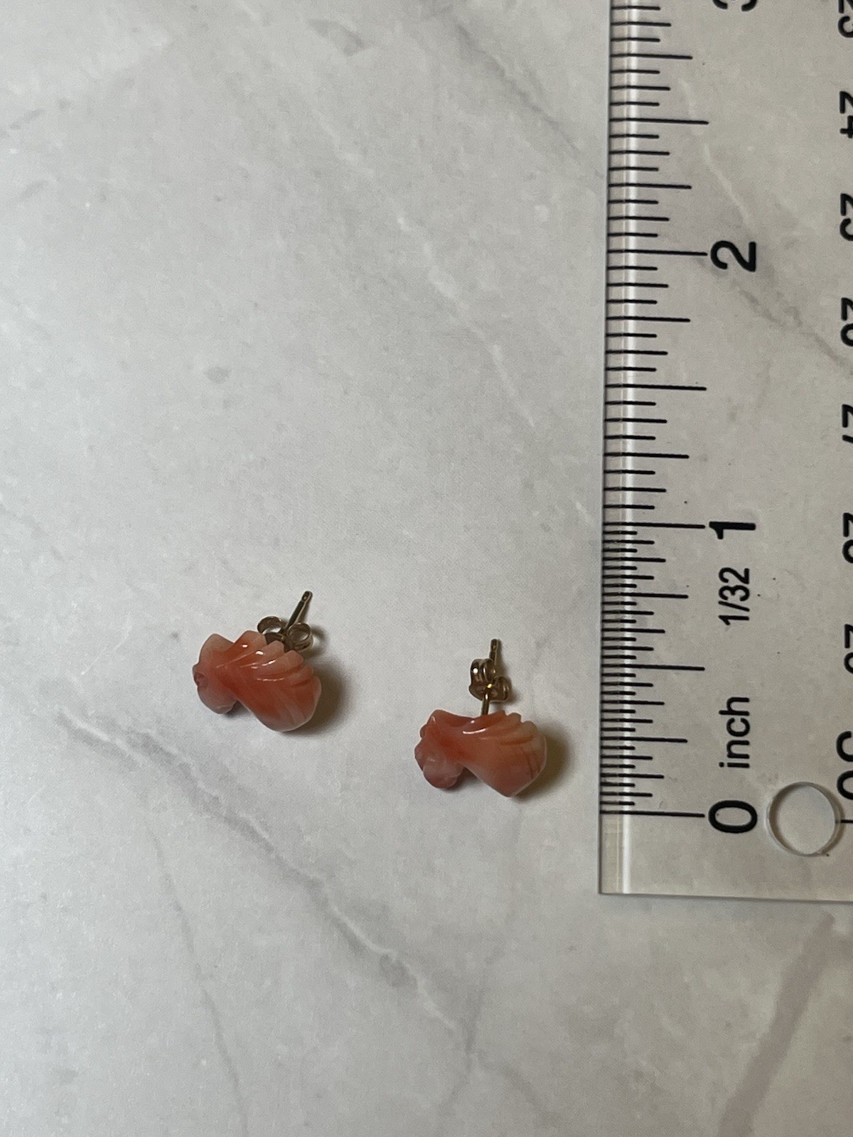 14k Gold Angel Skin Coral Carved Horse Stud Earrings (small chip)