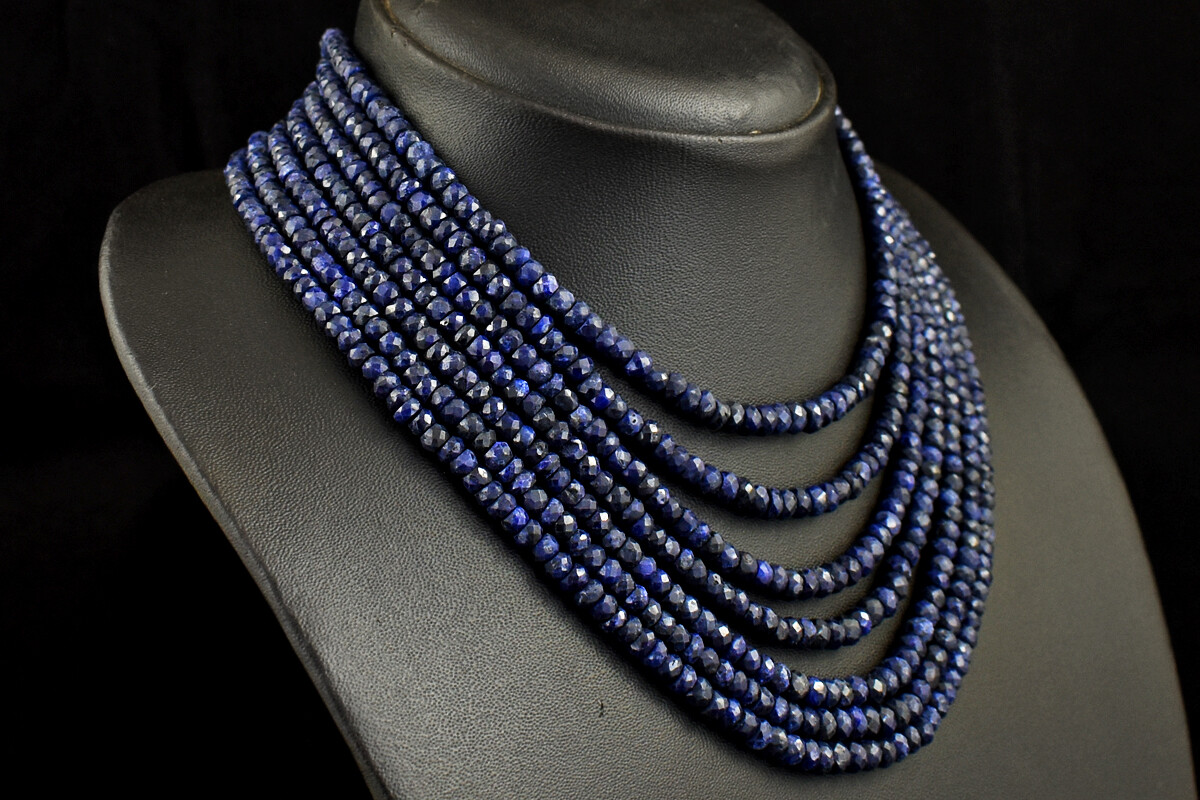 Royal 479 Cts Earth Mined 7 Line Blue Sapphire Faceted Beads Necklace JK 06K575