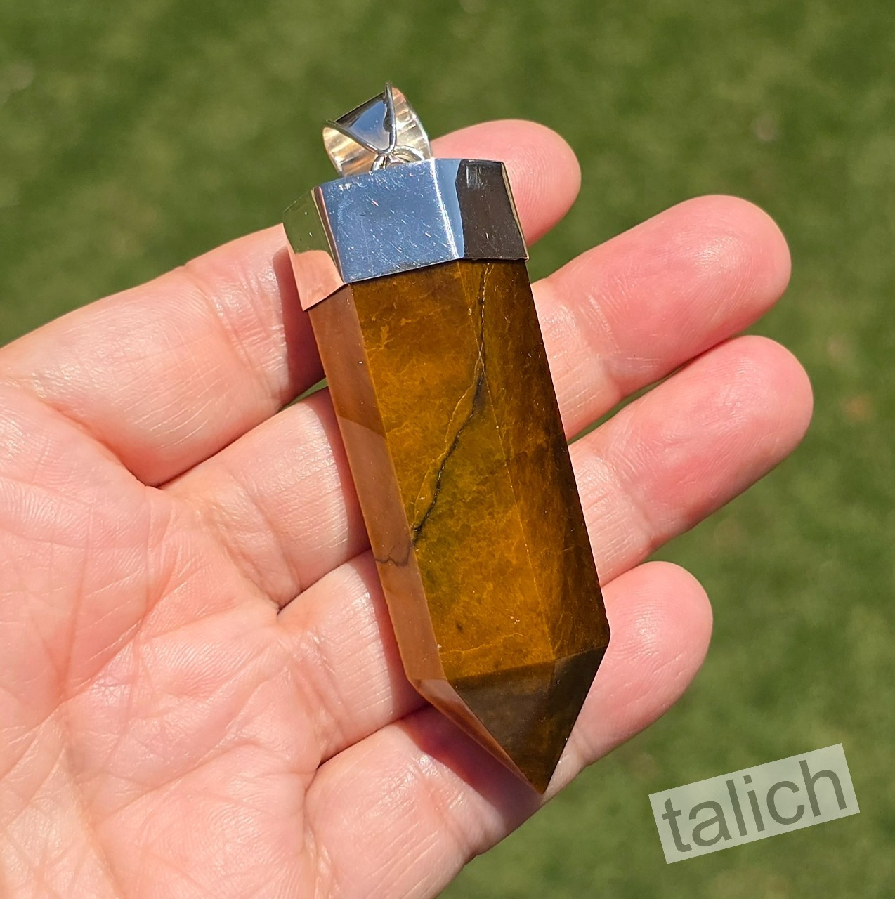 925 Sterling Silver Cap Faceted Tiger’s Eye Prism Crystal Point Amulet Pendant