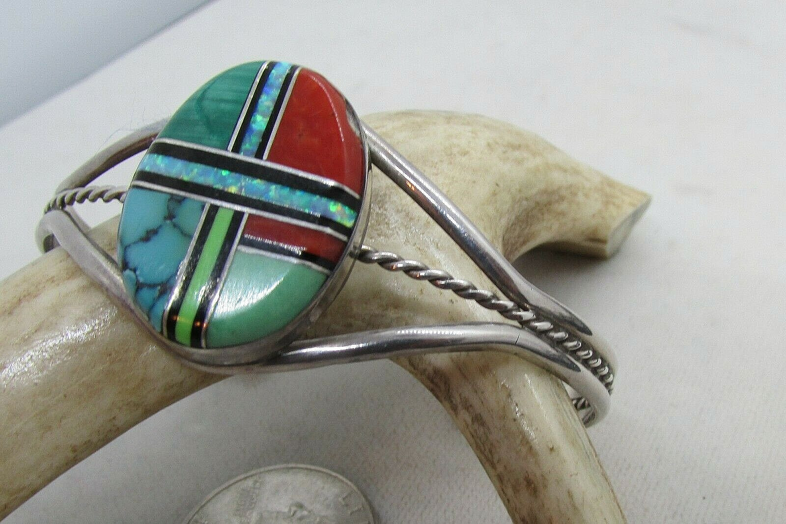 VTG SW N A INLAID CUFF W/SPINY OYSTER, TURQ, MALACHITE, & OPAL SS–NEW PRICE