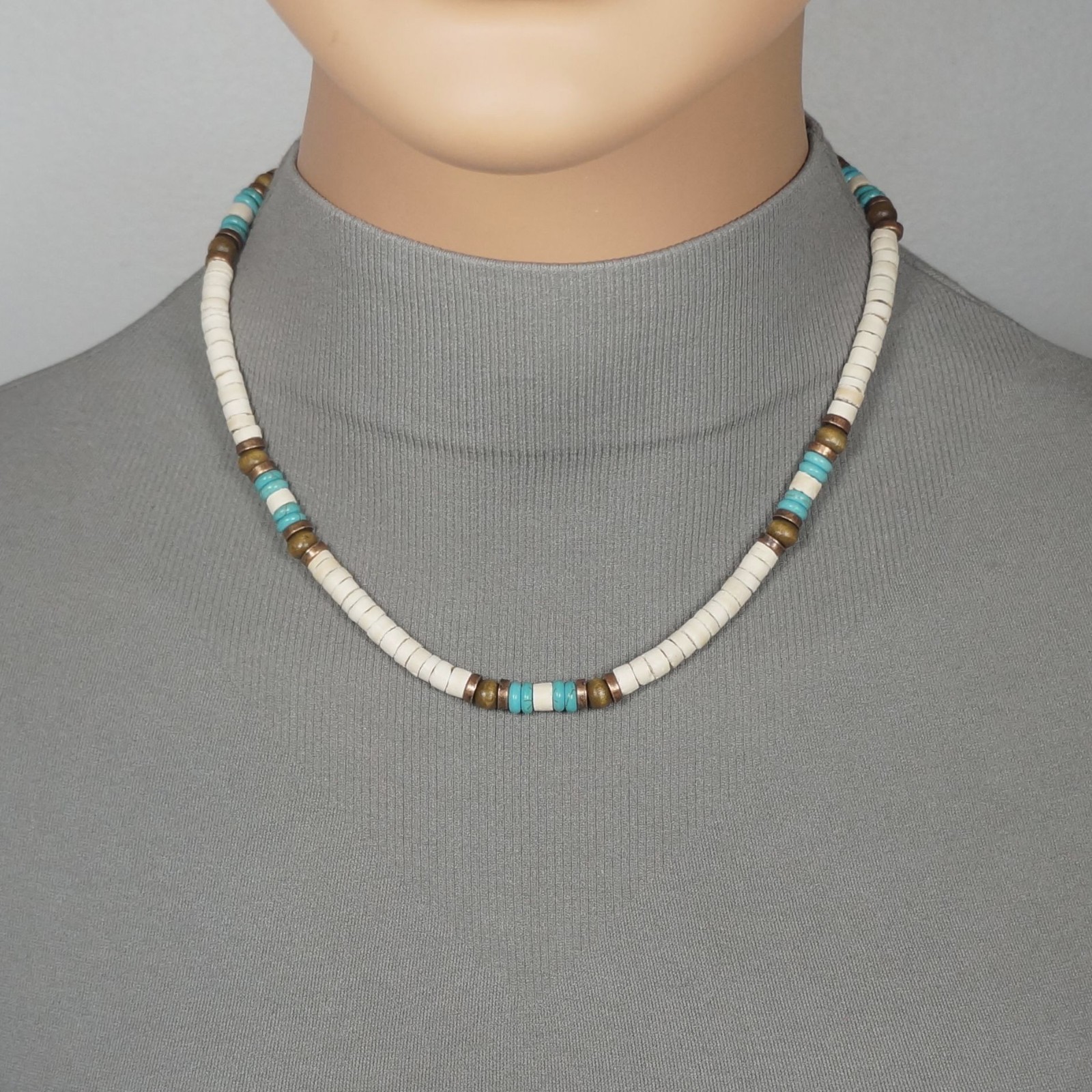 Unisex Off White Coco Shell & Turquoise Handmade Beaded Necklace, Length Choices