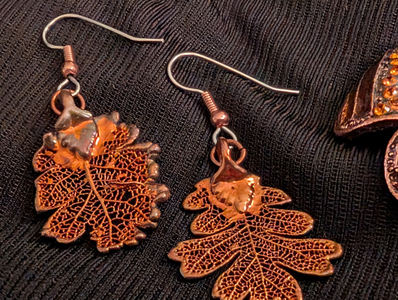 Copper Bronze Rhinestone Leaf Dangle Earrings & Flower Brooch Pin Set