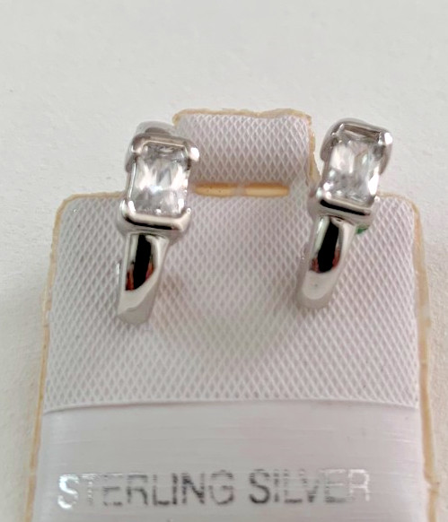 Clear Baguette Cut Cubic Zirconia Huggie Hoop Earrings in Solid Sterling Silver