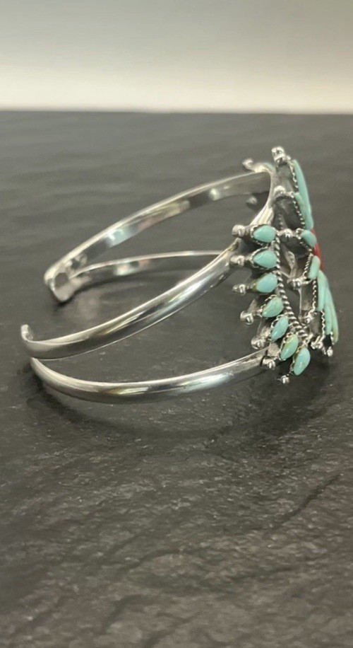 Zuni Sterling Silver Coral and Turquoise Needle + Petit Point Floral Cuff