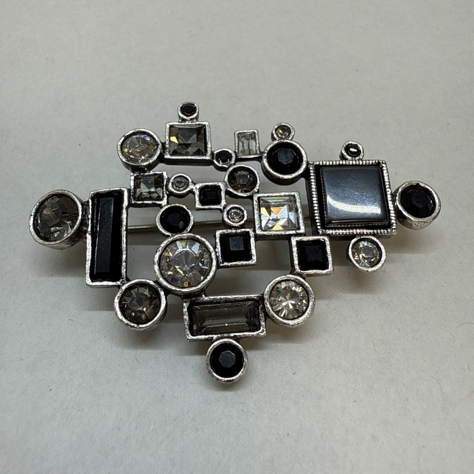Patricia Locke Vintage Modernist Brooch Pin Swarovski Crystal Black White Signed