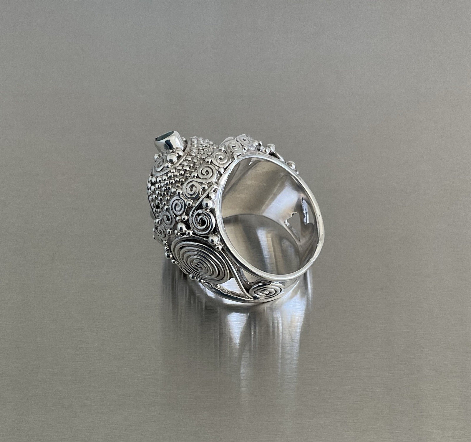 Sajen Carved Obsidian Goddess Face & Blue Topaz Ring 925 Sterling Silver Size 7