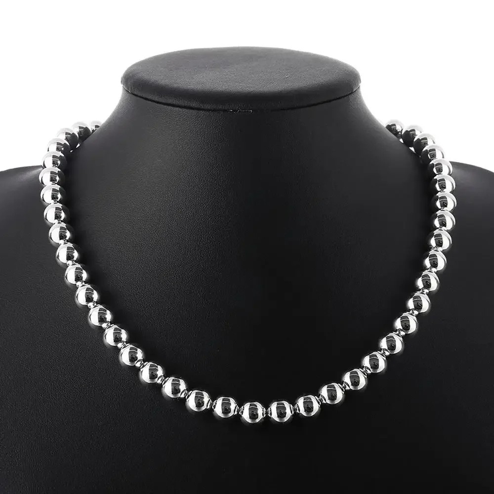10MM Smooth Beads chain 925 Sterling Silver Necklaces for Women wedding Gift