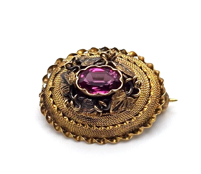 Antique Victorian 14K Gold Garnet Etruscan Revival Brooch Pin Small