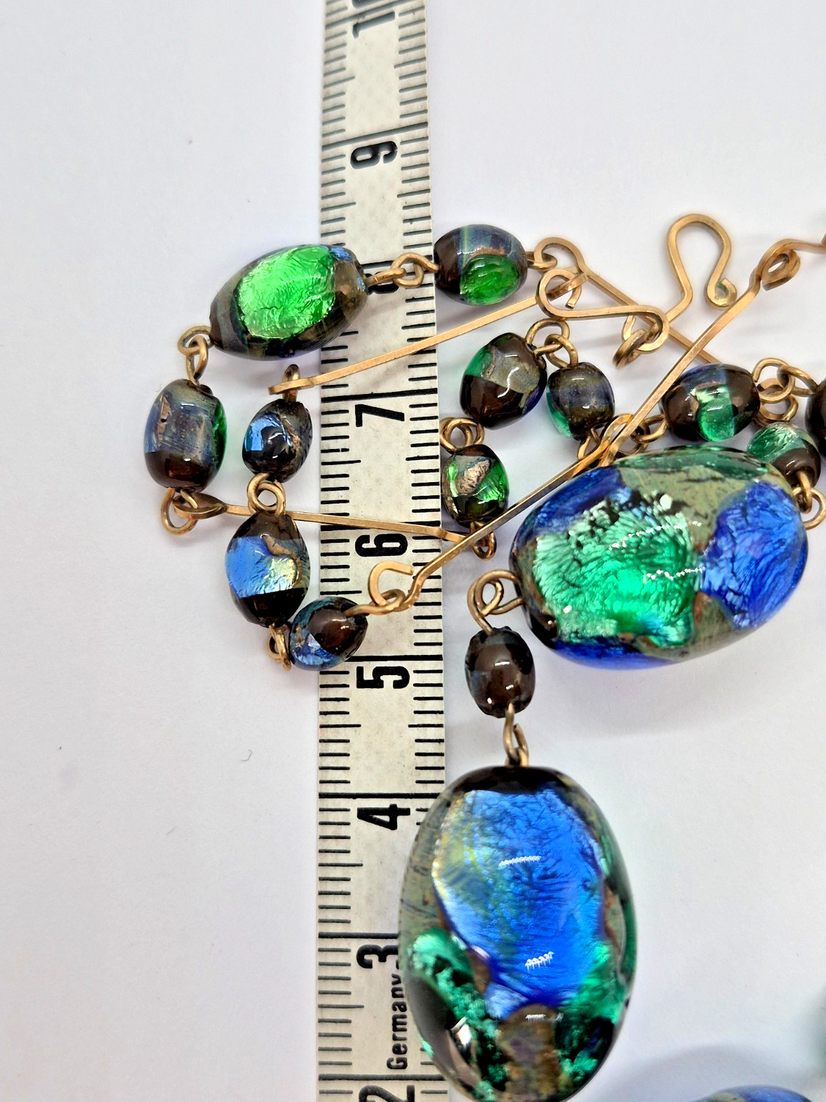 Vintage Art Deco Venetian Green, Blue & Black Foil Glass Bead Necklace 18″