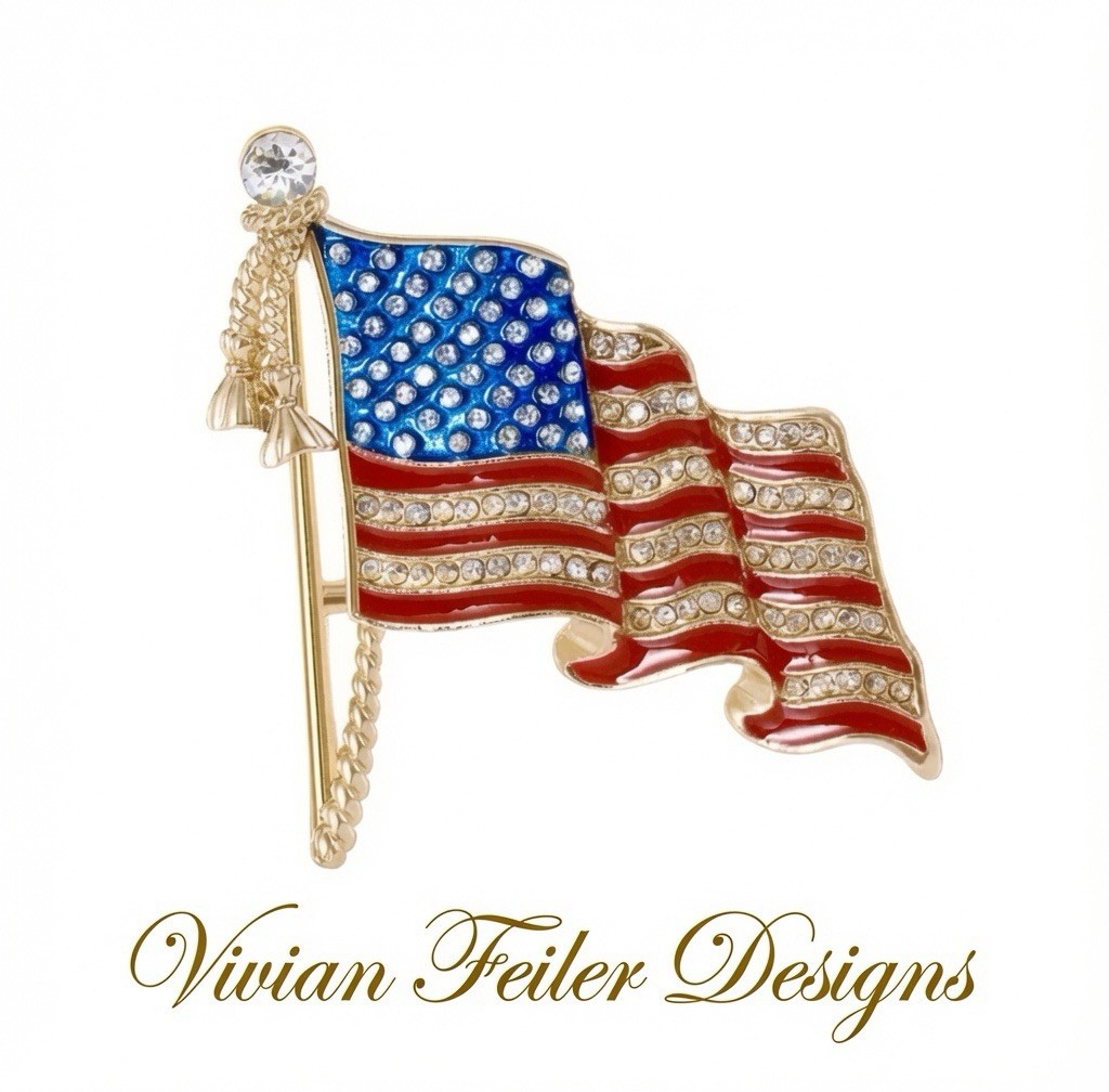 American Flag Brooch Rhinestone Red, White, Pin Gold or Silver Patriotic Jewelry