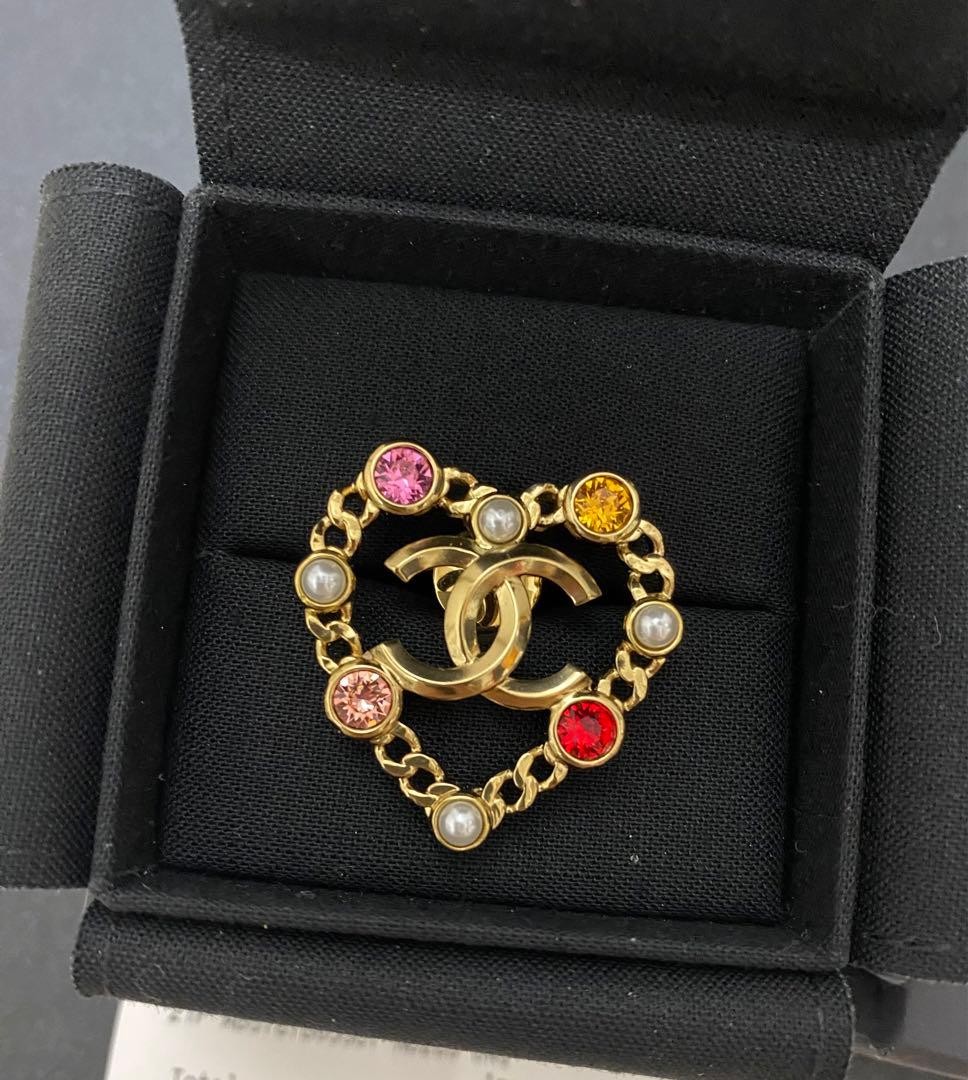 Chanel Heart Brooch Gold Coco Mark Logo Pearl Multicolor Stone Metal New W/Box