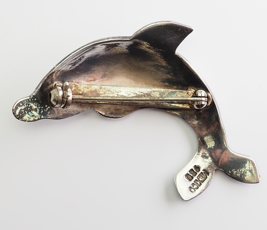 Vintage sterling silver and blue enamel swimming dolphin marine pin brooch