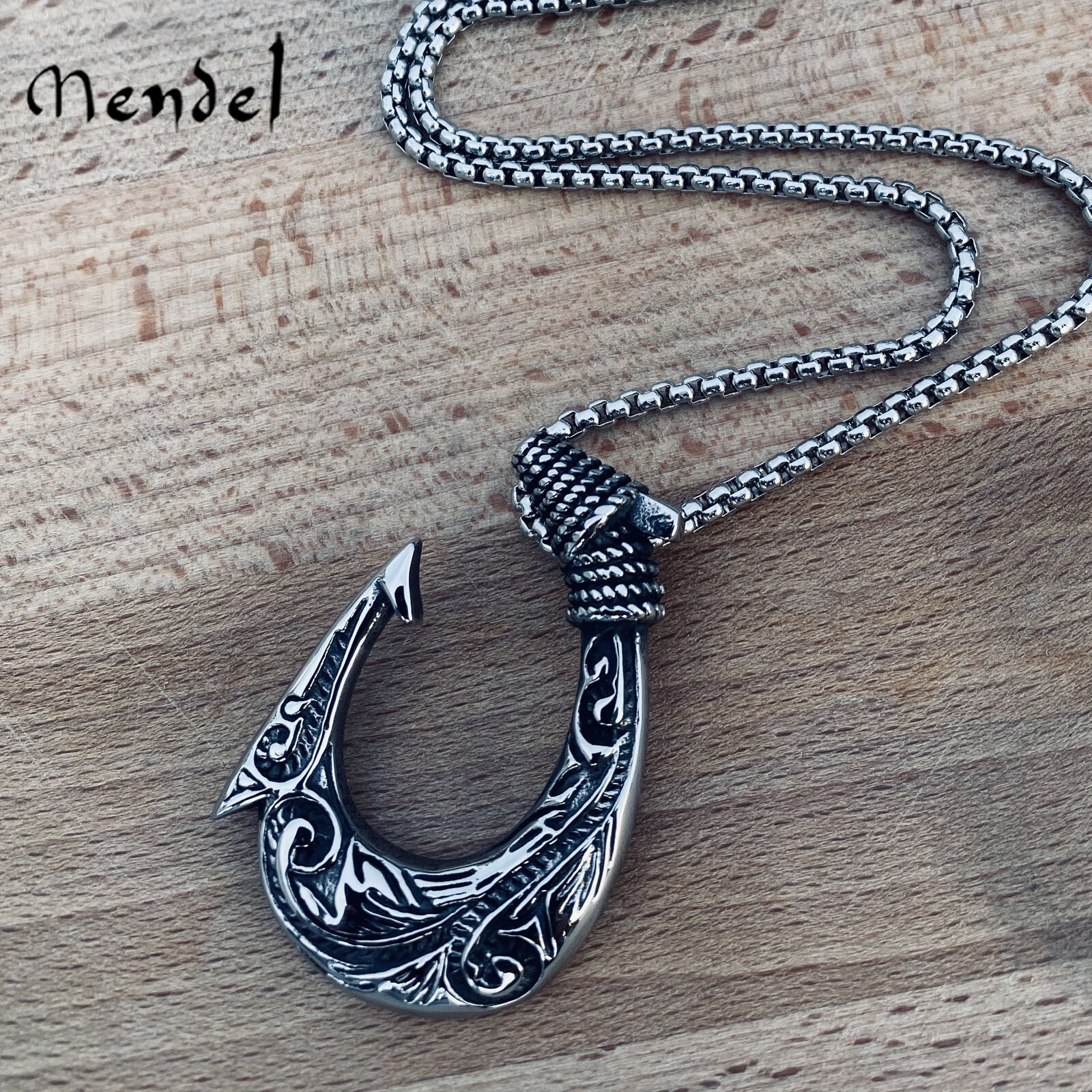 MENDEL Mens Stainless Steel Biker Fishing Hawaiian Fish Hook Pendant Necklace