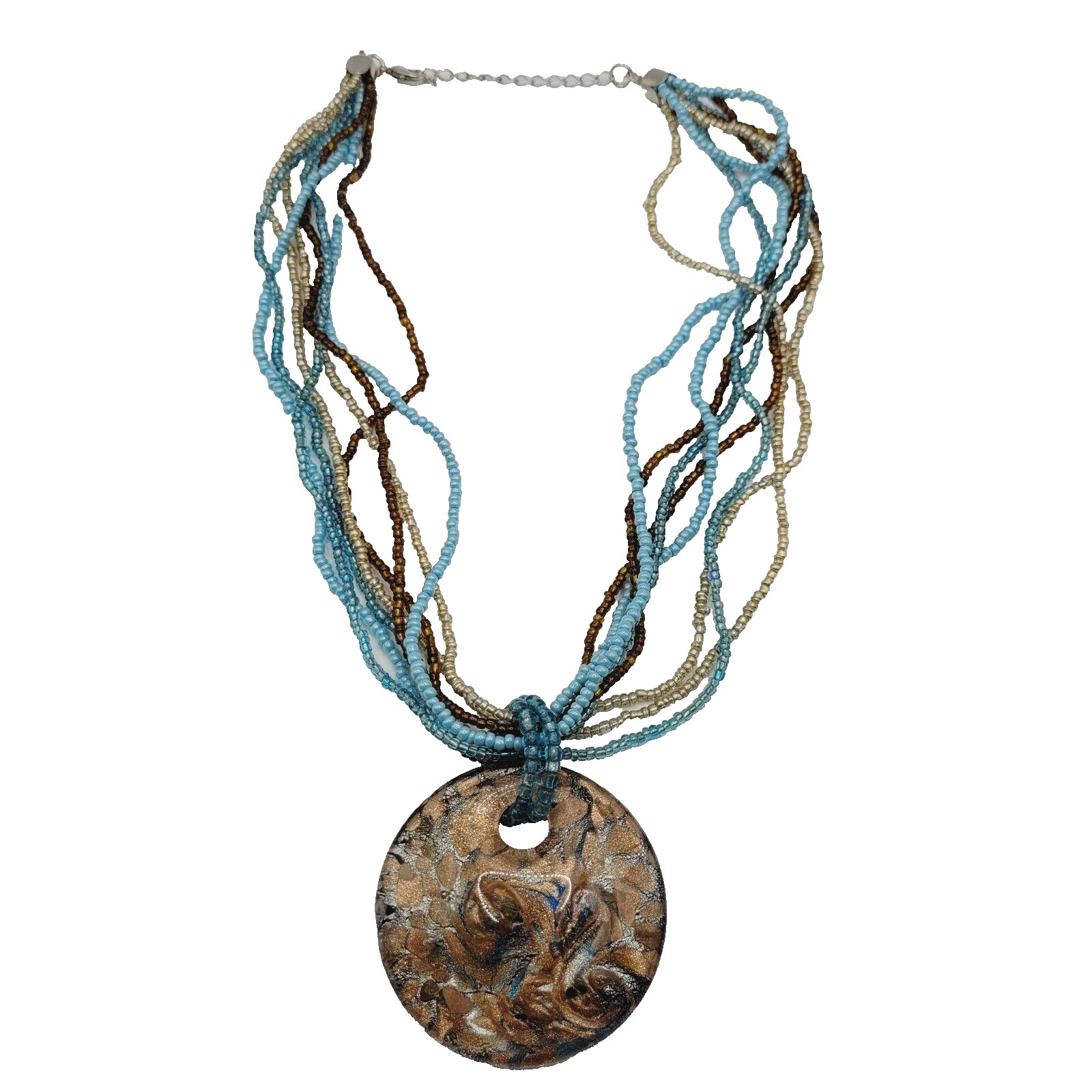 8 Strand Seed Beed Necklace with Metallic Foiled Large Round Art Glass Pendant