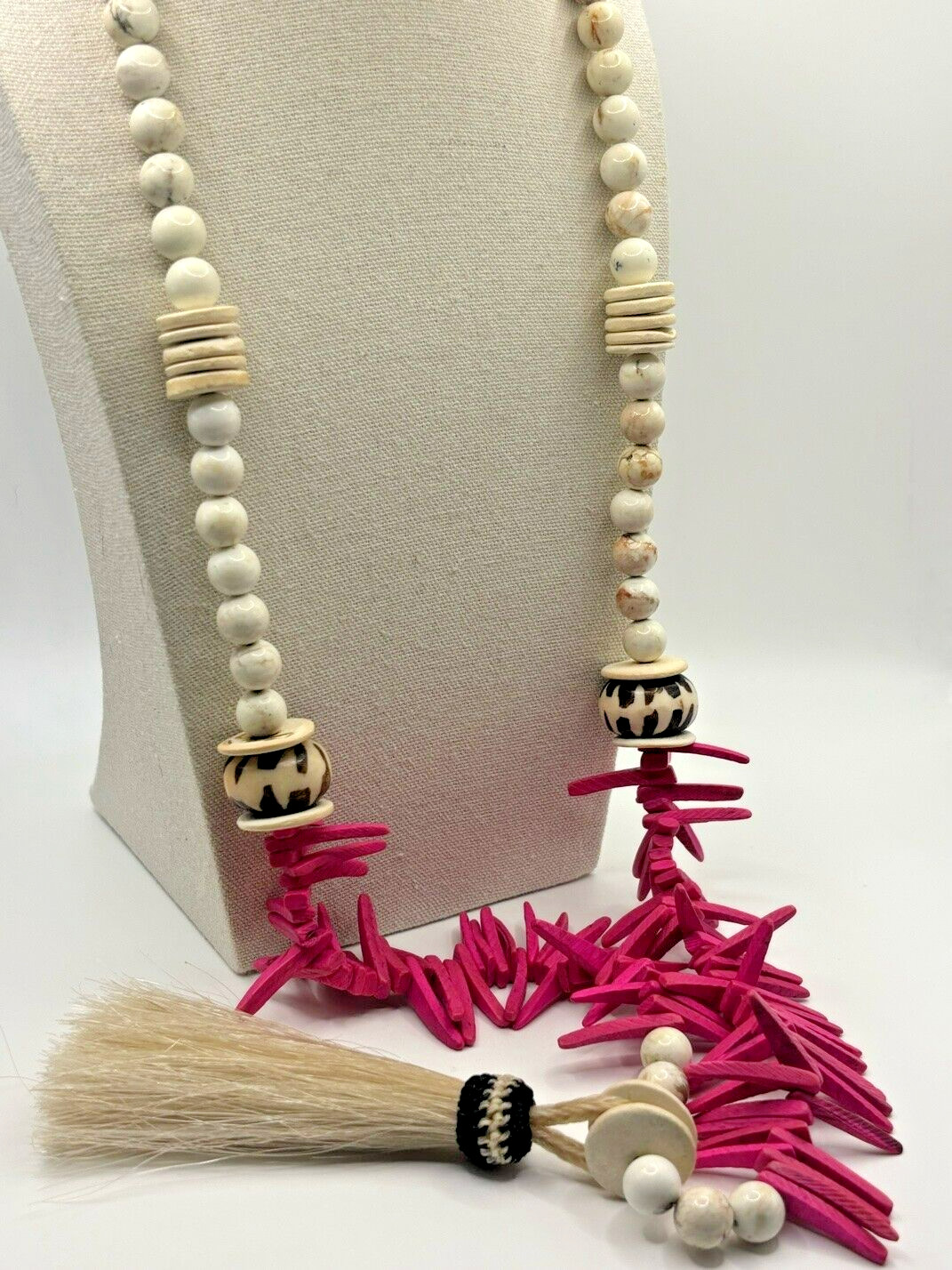 Pink Cocowood Chip Howlite Large Kenya Bone Beaded Horsehair Pendant Necklace