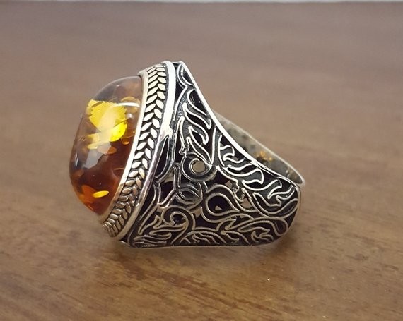 Solid 925 Sterling Silver Natural Baltic Amber Gemstone Signet Men’s Unisex Ring