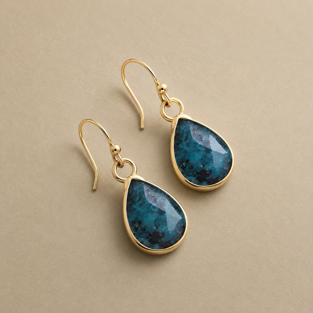 Sundance Blue Apatite Gold Earrings Natural Stone Teardrop Artisan Handcrafted