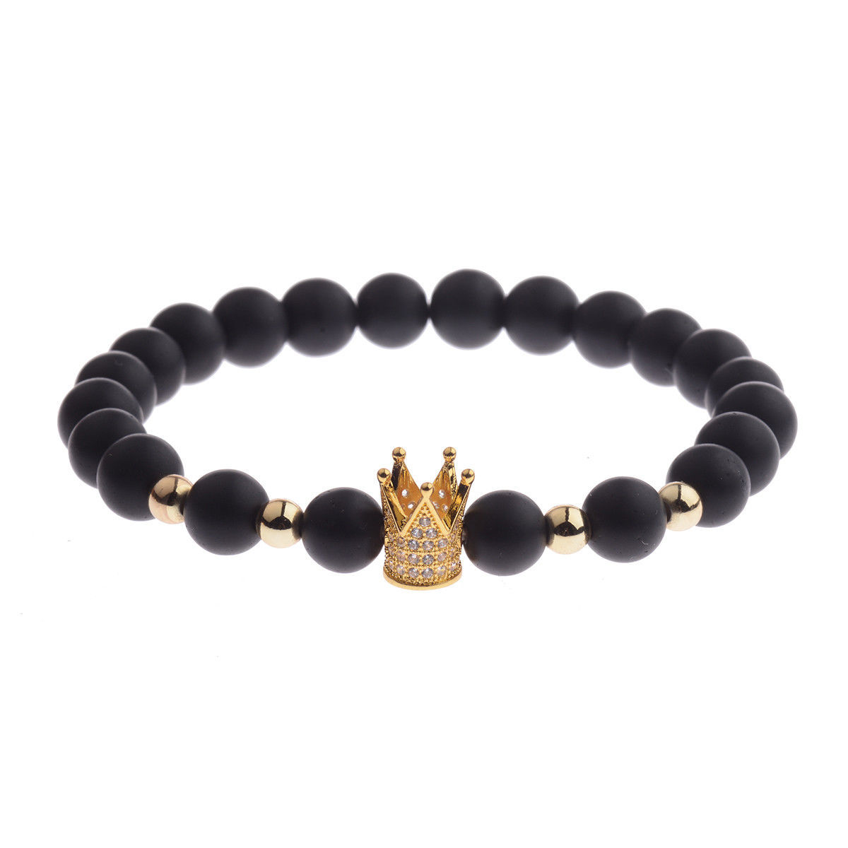 Gorgeous Crown Natural Stone Matte Black Charm Men’s CZ Copper Bead Bracelet