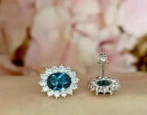 2.30Ct Oval Cut London Blue Topaz Halo Women’s Stud Earrings 14k White Gold Over