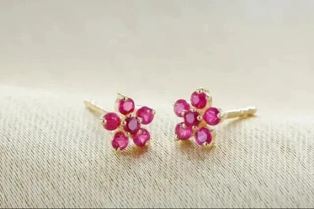 1.60Ct Round Cut Simulated Pink Ruby Flower Stud Earrings 14K Yellow Gold Plated