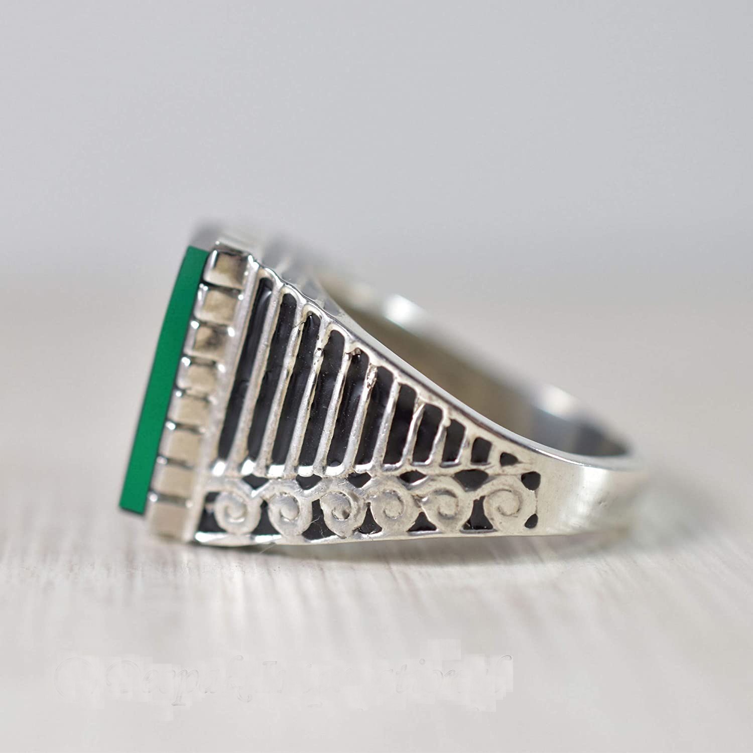 Solid 925 Sterling Silver Natural Green Onyx Gemstone Signet Men’s Unisex Ring