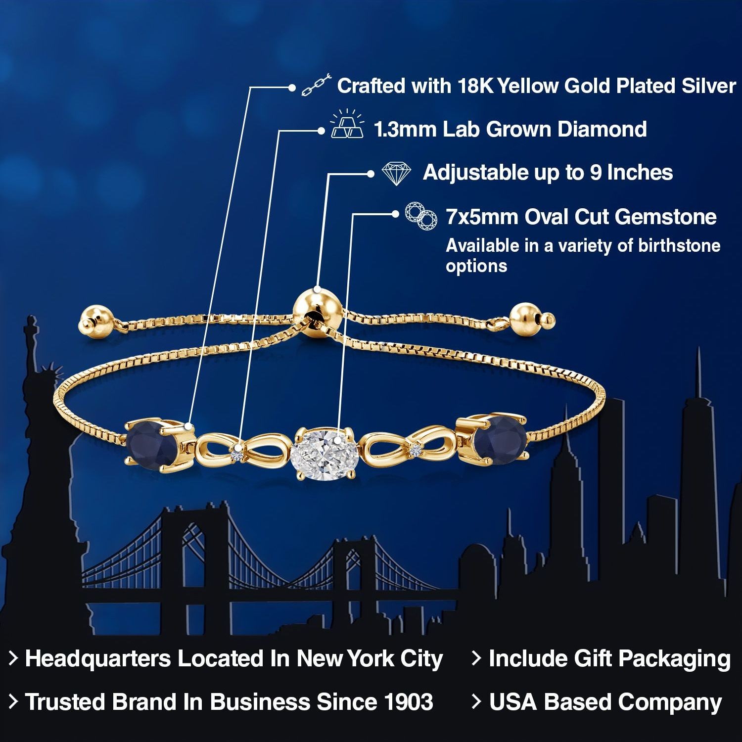 2.70 Ct Lab Grown Diamond Blue Sapphire 18K Yellow Gold Plated Silver Bracelet