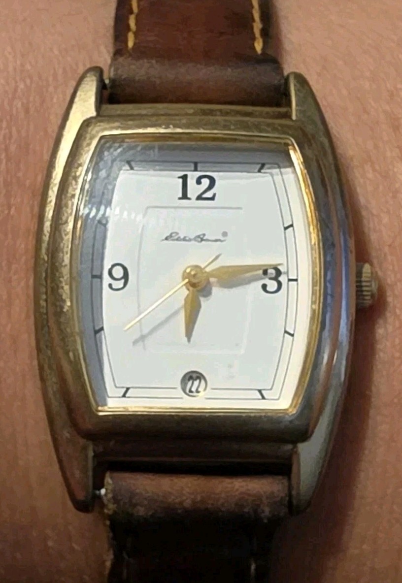 Vintage Eddie Bauer Watch Model 3556: Tonneau (barrel-shaped) Gold Tone Leather