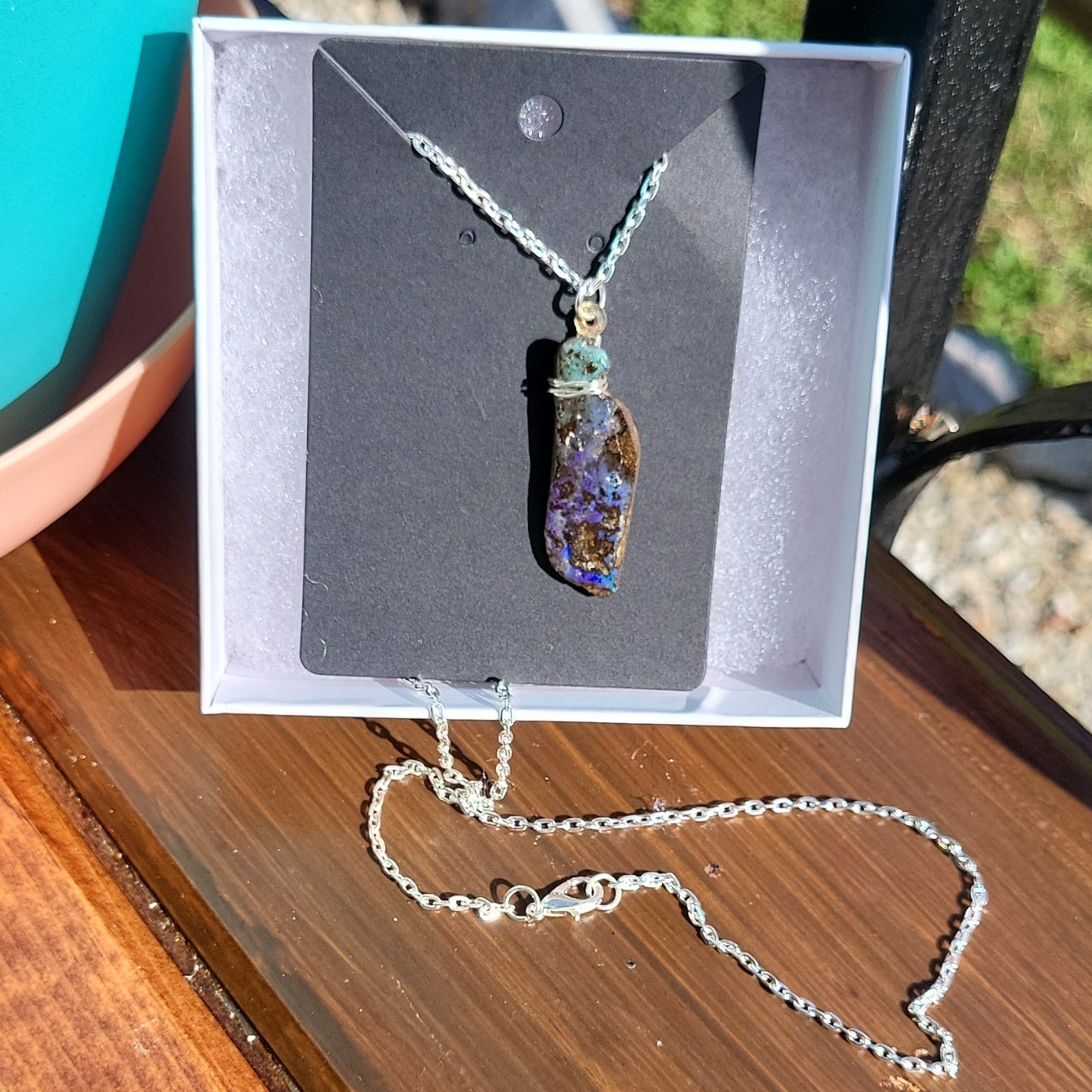 Opal Wire-Wrap Freeform Charm Pendant Necklace, Cable Chain Lobster Clasp