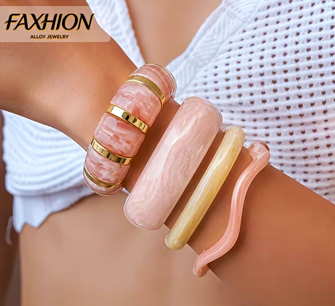 Pink & Beige Resin Bangle/Beaded Bracelet Set 4pc Gold Tone Stackable