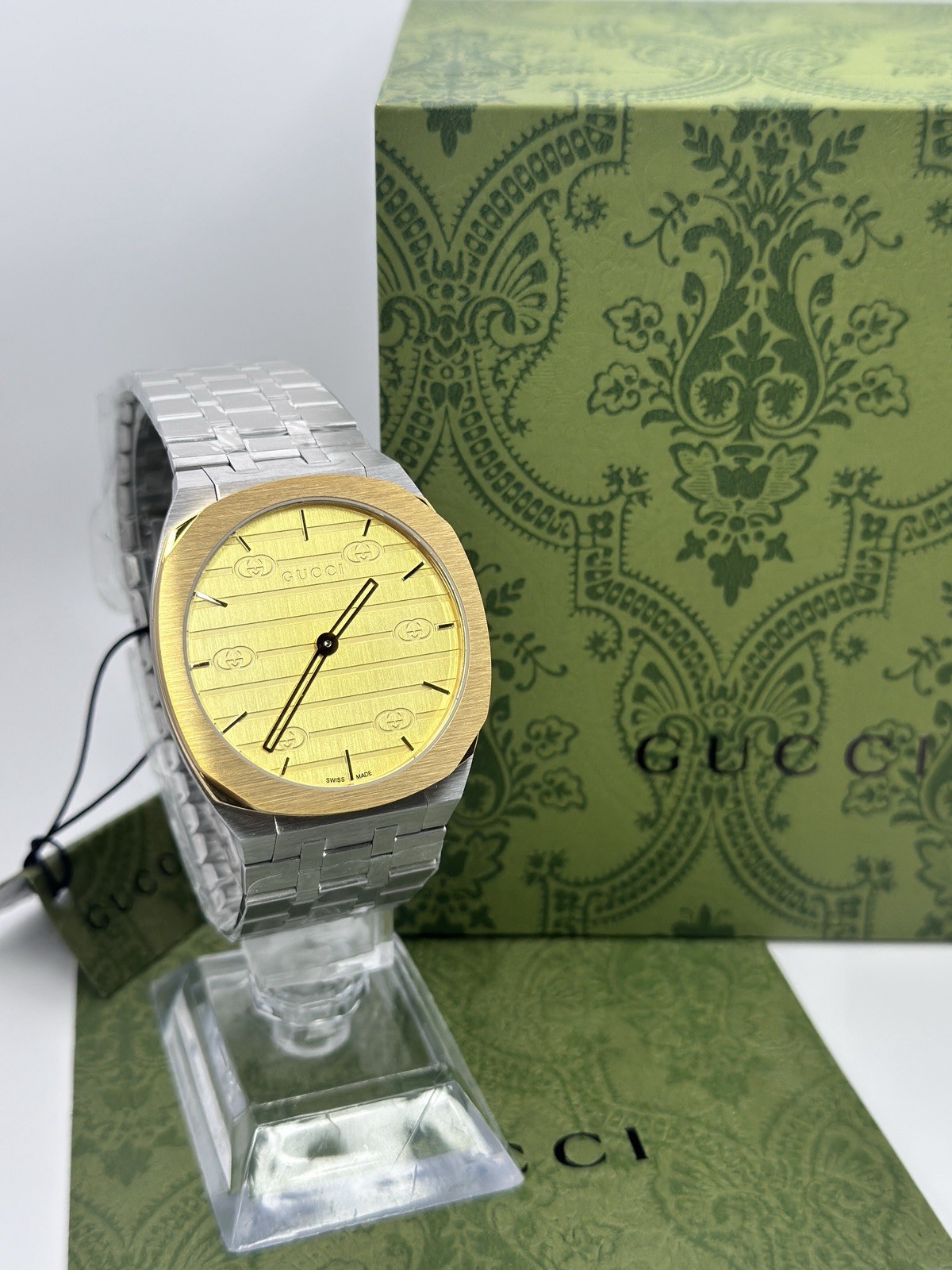 New Gucci 25H Golden Brass Dial YA163405 38mm Swiss Quartz Men’s Watch – Silver