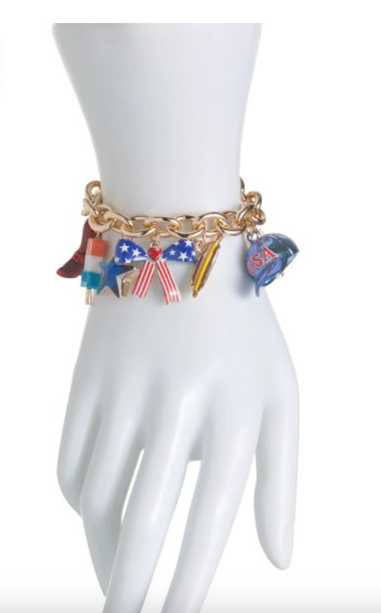 Betsey Johnson bracelet Americana bow USA hat red white blue charms goldtone