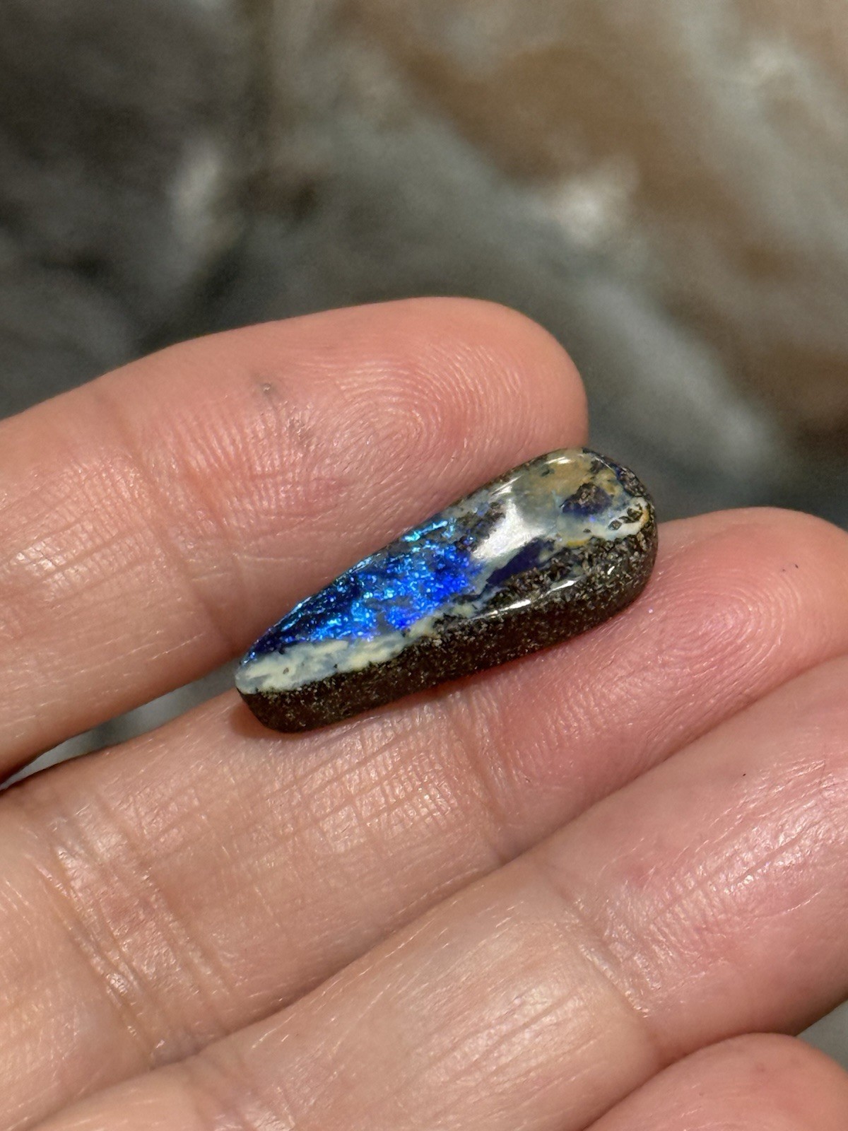 9.35ct 24x10x5mm Flashy Dark Blue Natural Boulder Australian Opal Drop Cabochon