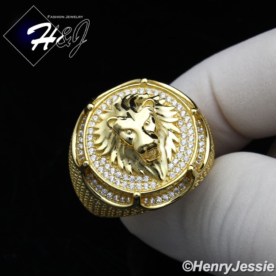 925 STERLING SILVER ICY BLING CZ 3D HIPHOP GOLD PLATED LION FACE ROUND RING*G243