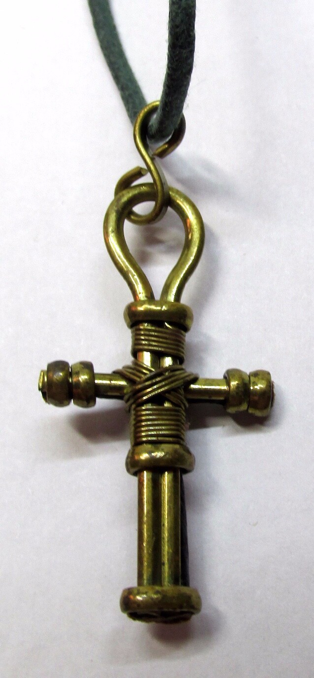 Brass Wire Wrapped Wooden Cross Pendant With Leather Cord