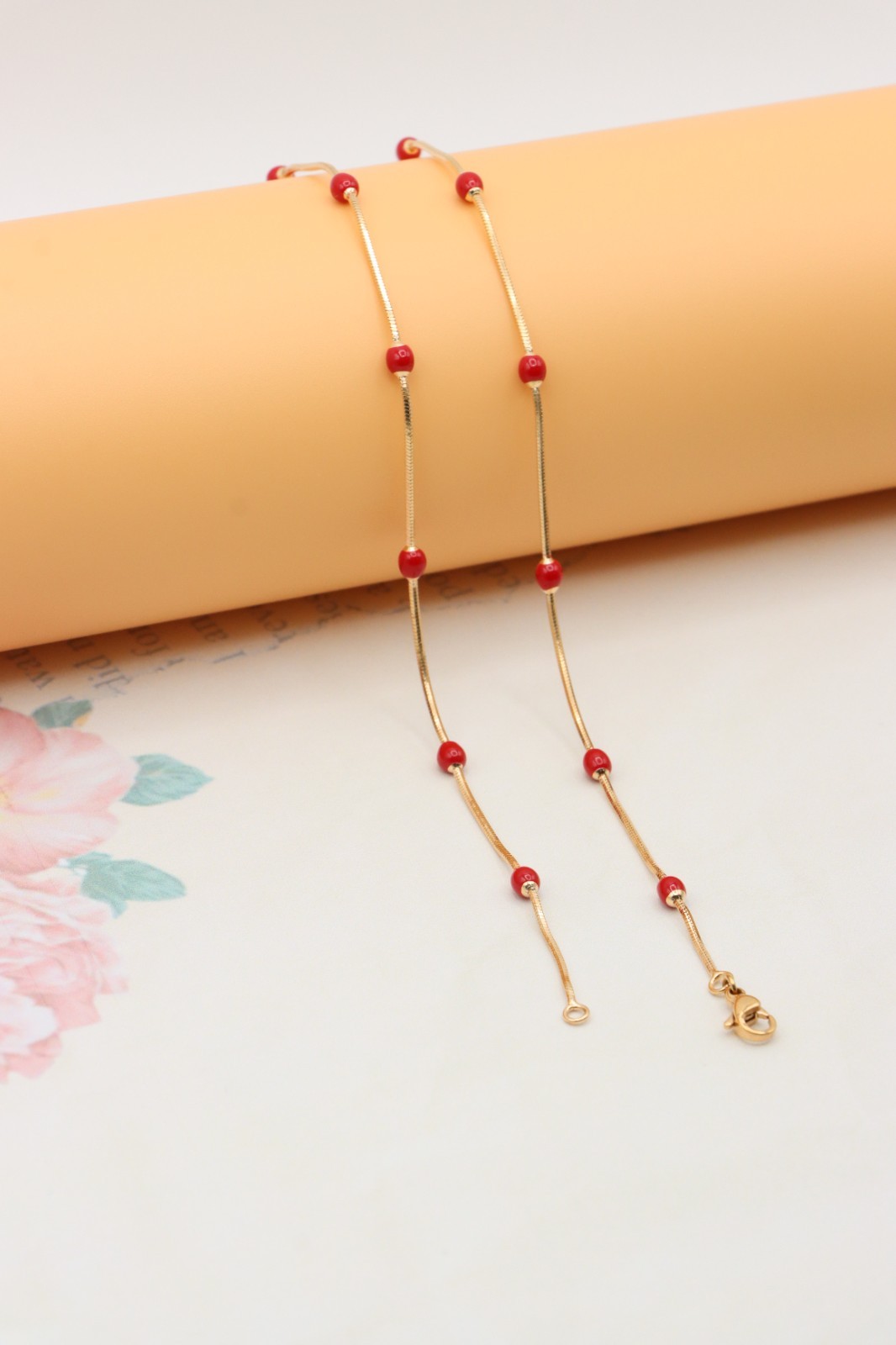 Delicate Yellow Gold Plated Necklace with Red Beads, XPNL0302