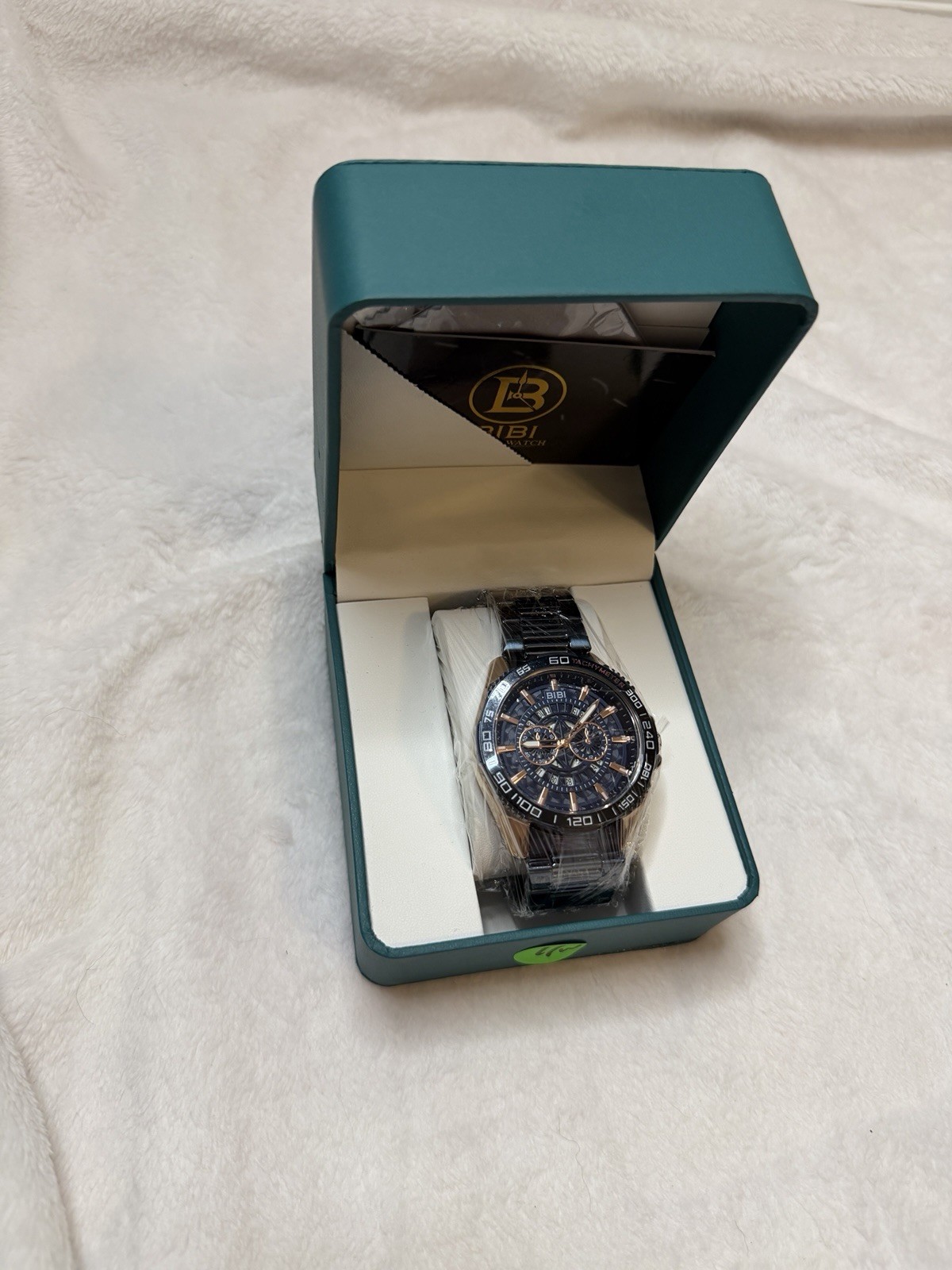 BIBI Blue Dial Chronograph Quartz Gold Blue Tone Metal Bracelet Tachymeter Box