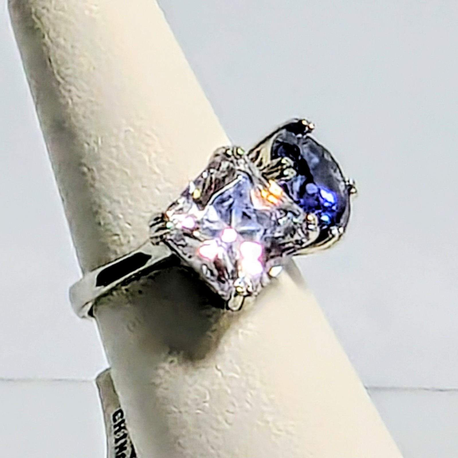 Sterling Silver Moissanite & Iolite Cushion Cut Ring 4.9ctw & 3.87 Ctw Size 6.5