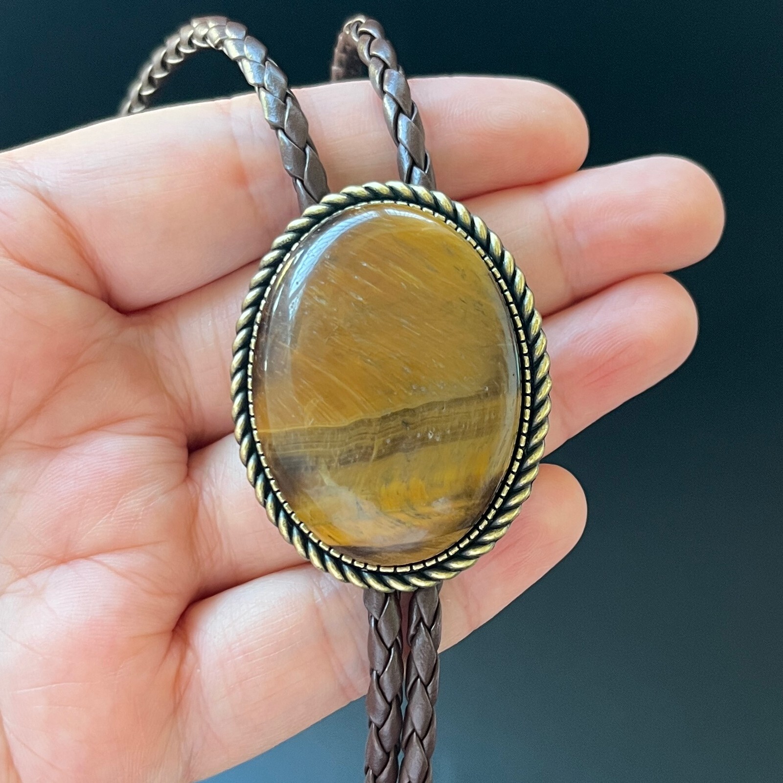 Natural Tiger’s Eye Stone Bolo Tie Western Cowboy Alloy PU Rope Wedding Necklace