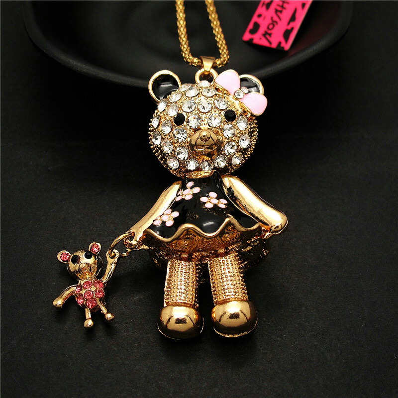 Fashion Women Cute Black Enamel Bowknot Bear Doll Crystal Pendant Lady Necklace