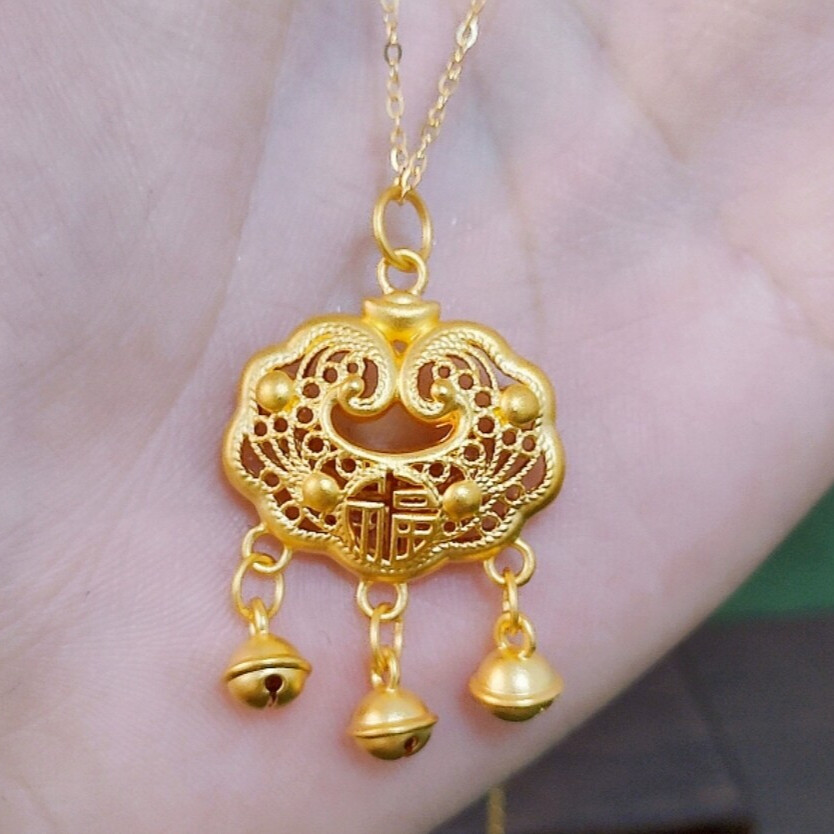 Pure 999 24K Yellow Gold Men Women Kids Baby Lucky Lock Bells Pendant 1.5-1.6g